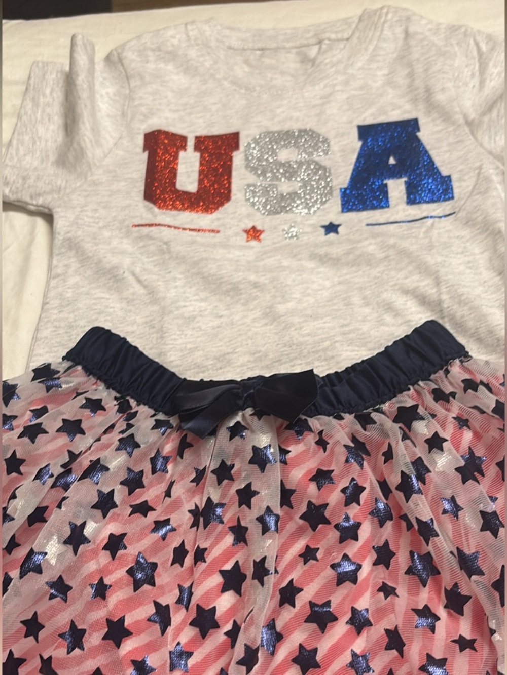 Girls USA Glitter Tee & Star Skirt  outfit Red Silver Blue